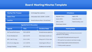 Background slide featuring a blue themed meeting agenda layout with discussion leads and start times.