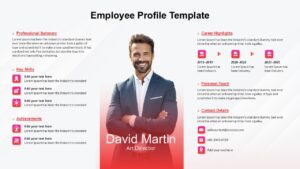 Red-themed employee introduction slide with skills list and contact icons.