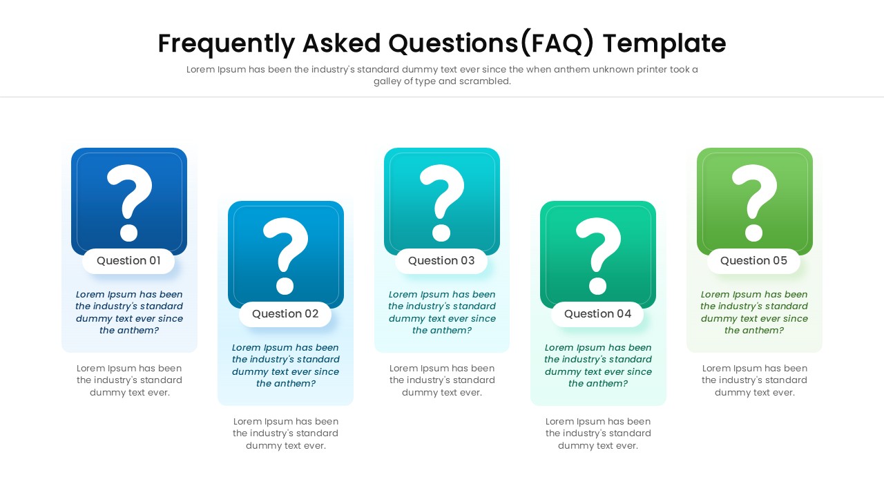 Simple FAQ slide design with editable text boxes for support decks.