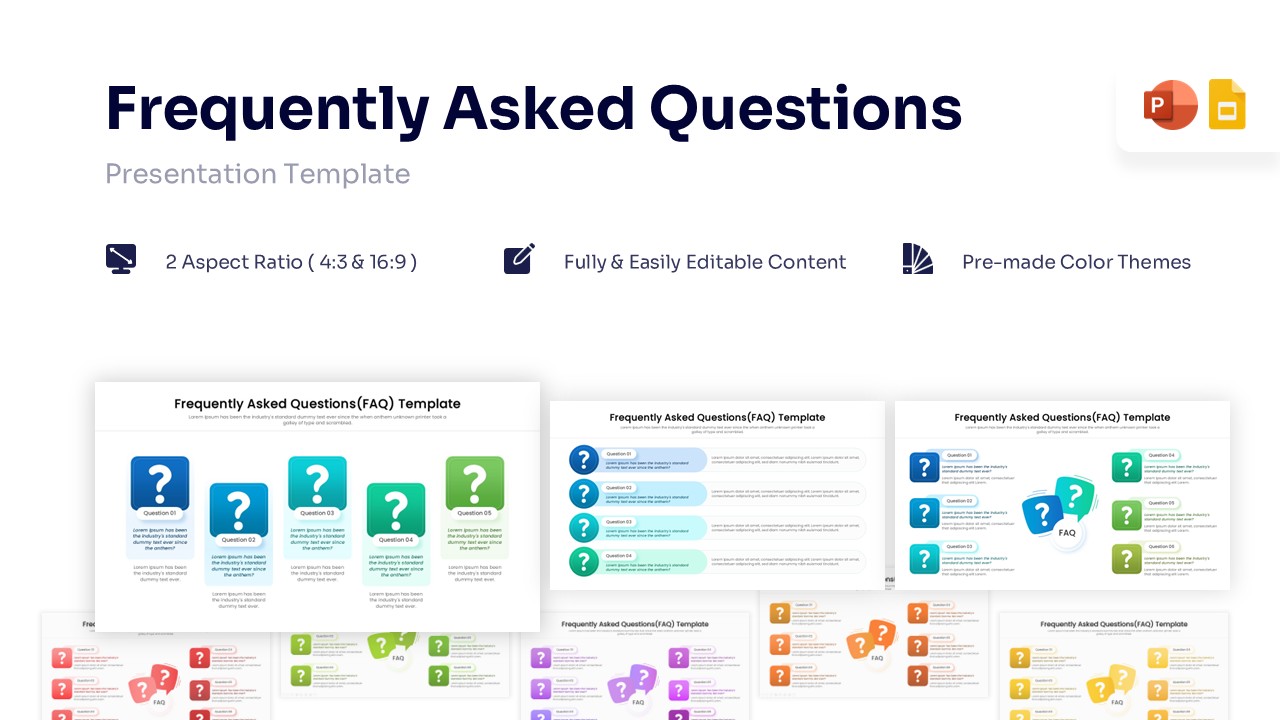 Frequently asked questions slide with five colorful question mark icons