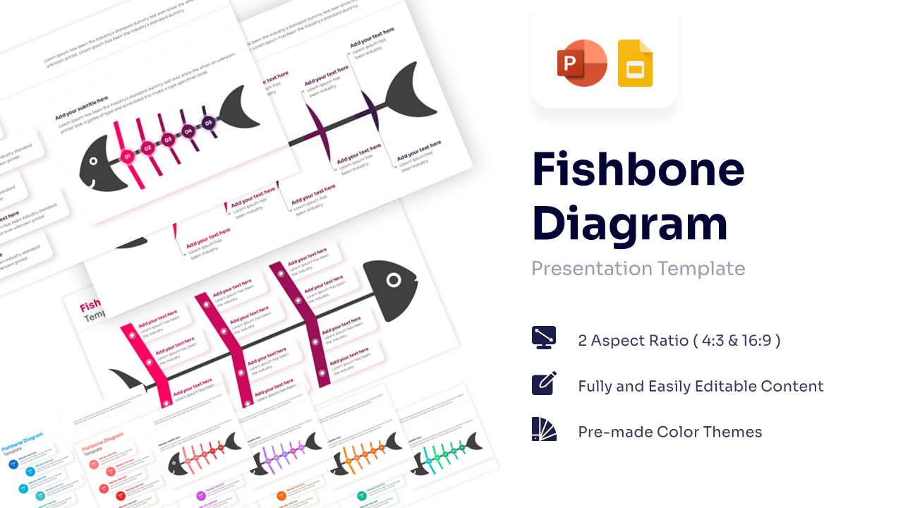 Multi-color fishbone diagram themes shown in a fan layout for presentation templates.