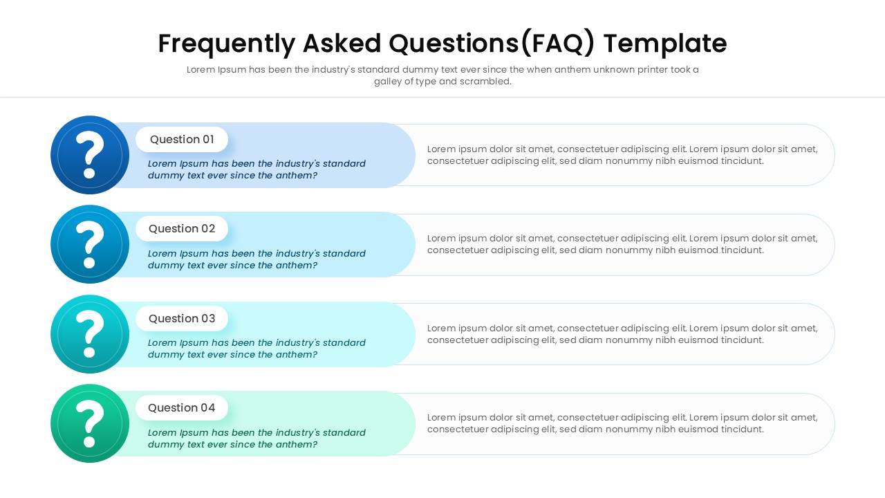 Vertical Q&A list layout with blue and green speech bubbles
