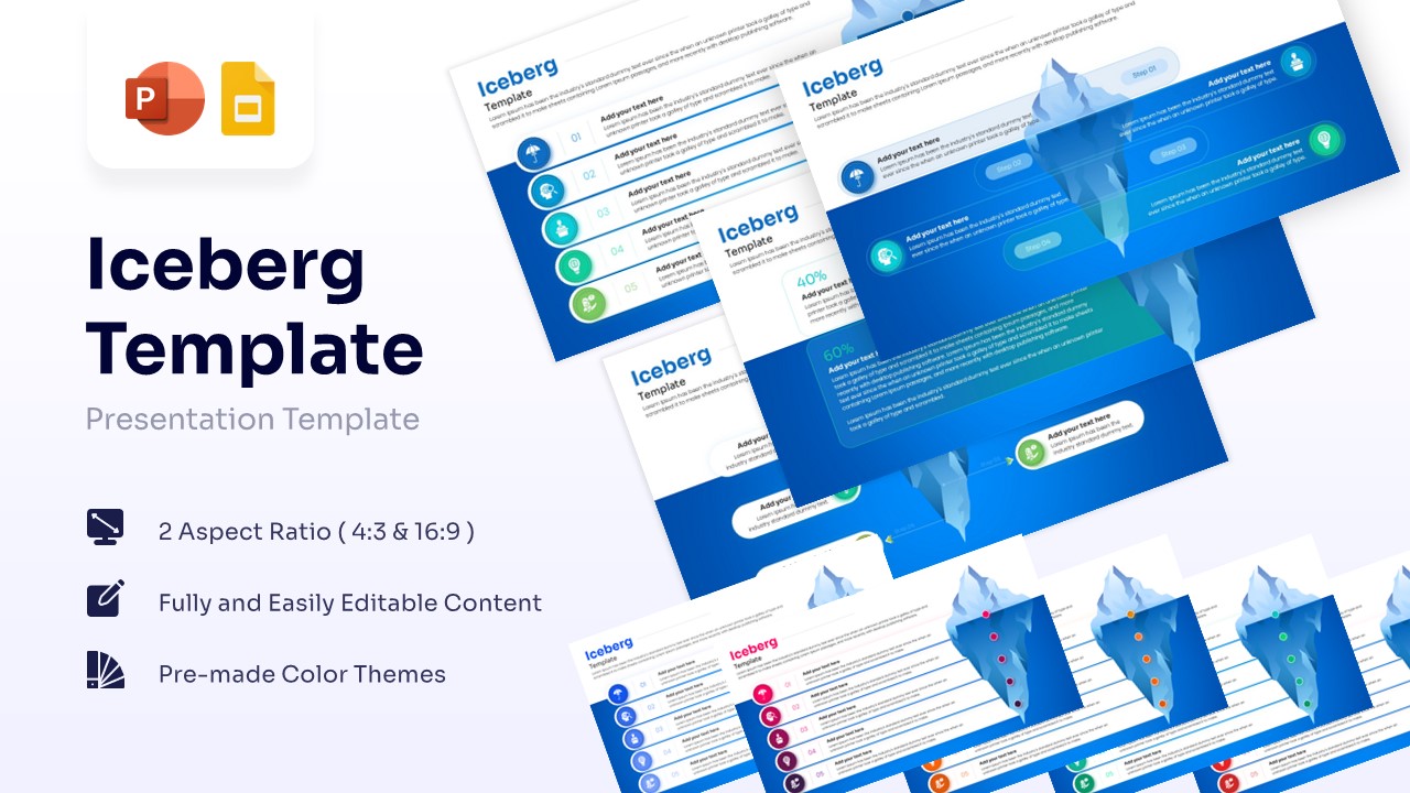 3D iceberg illustration for PowerPoint showing visible and hidden business factors