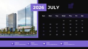 July 2026 calendar slide layout with a professional building image and a clean monthly date grid for planning