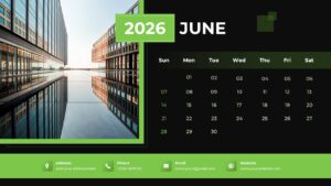 June 2026 planner template featuring a bright green header and a street-level view of modern office structures.