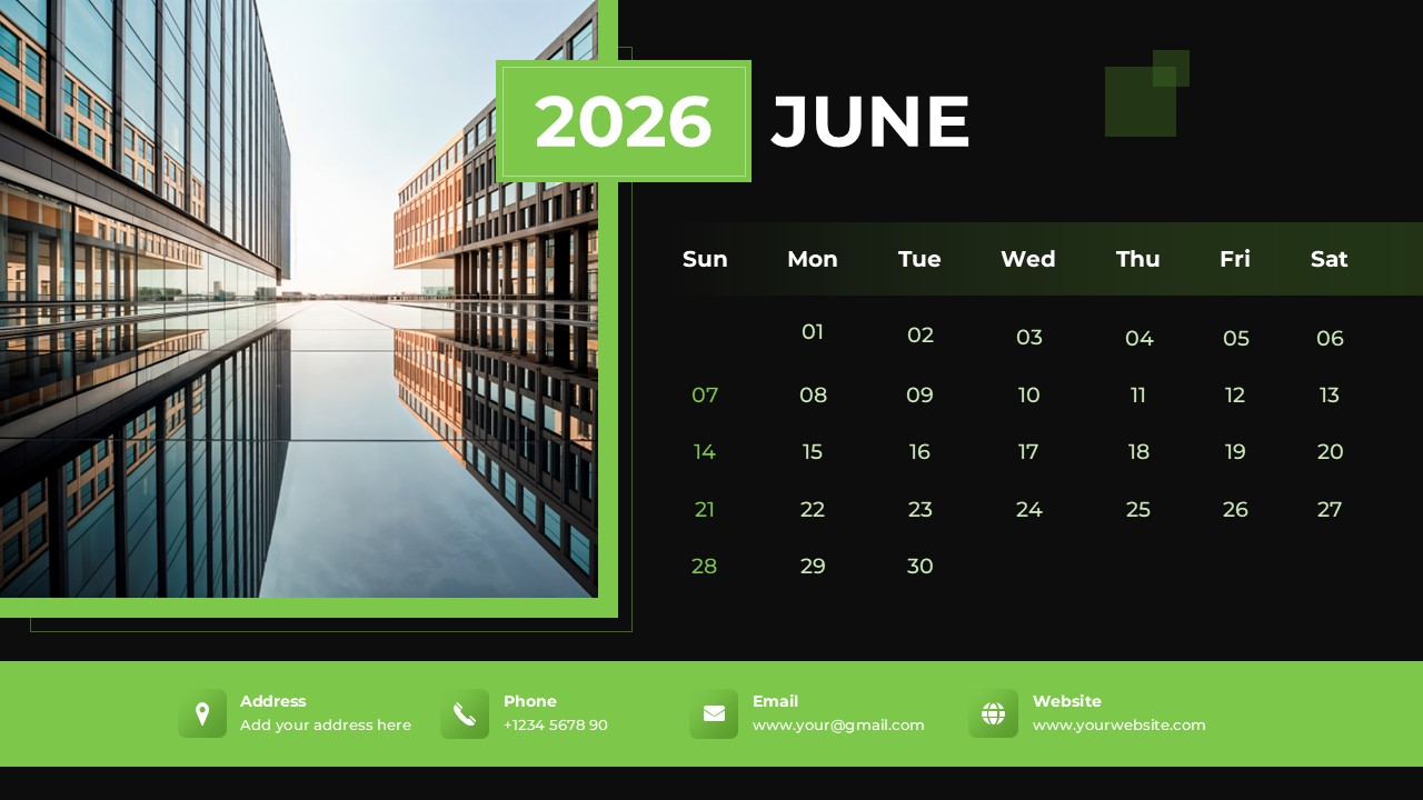 June 2026 planner template featuring a bright green header and a street-level view of modern office structures.