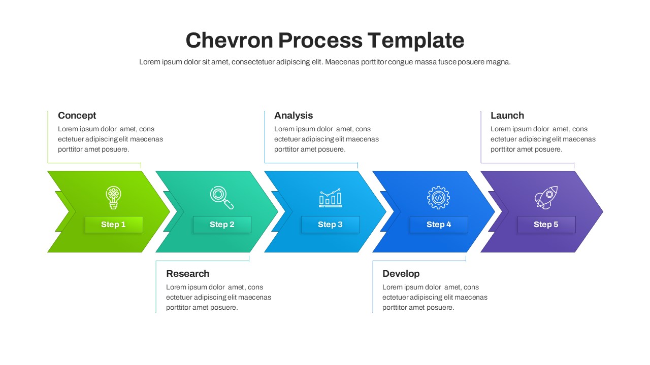 Blue and purple chevron flow slide showing five distinct steps for project management