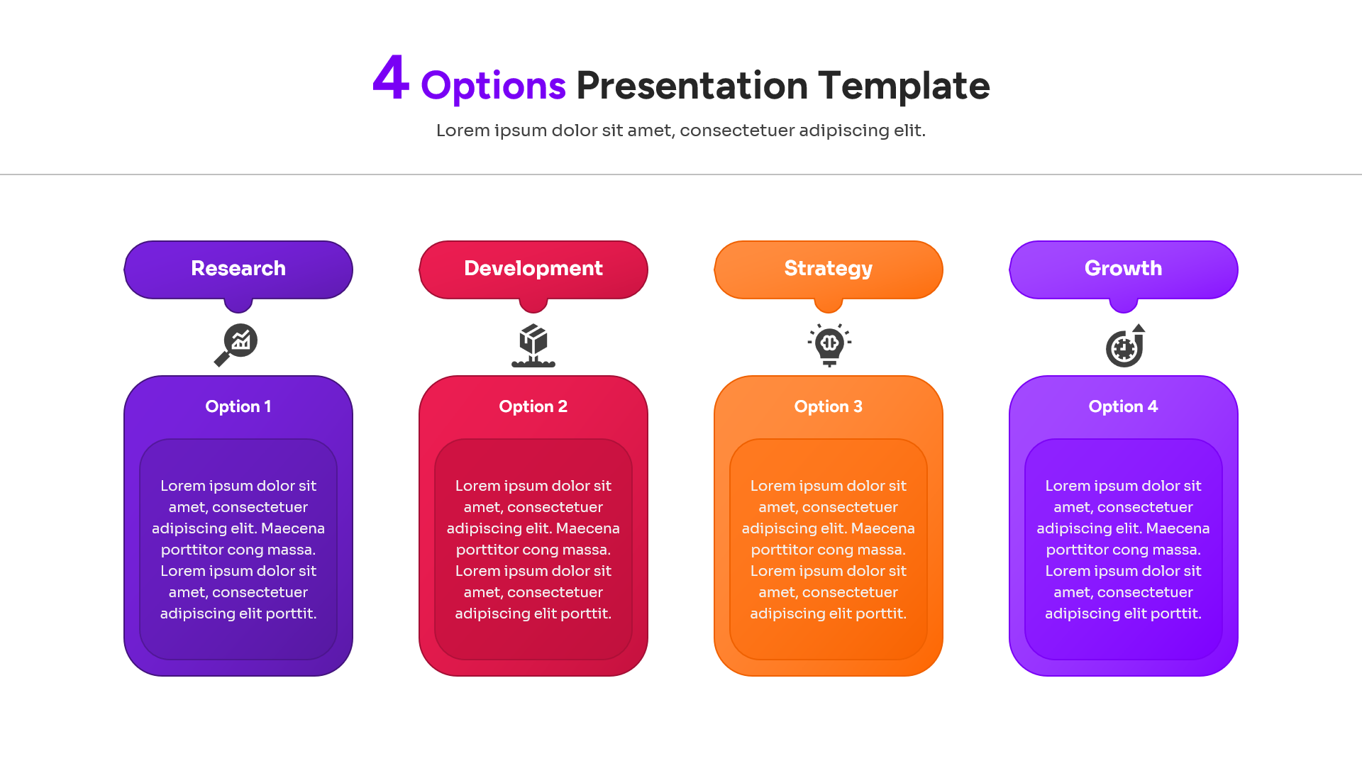 Horizontal four-step process diagram with research, development, strategy, and growth icons