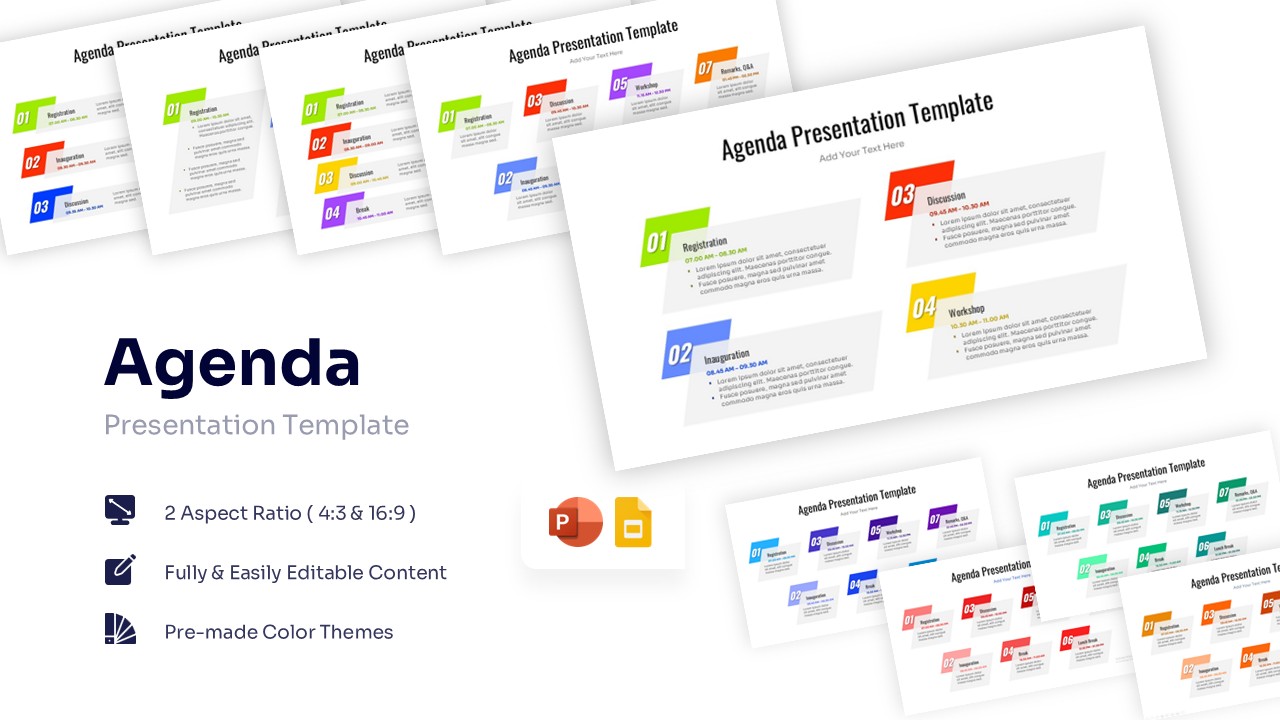 Collection of colorful agenda presentation slides showing varied item counts and layouts