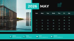 May 2026 monthly schedule slide with a teal header and a photo of a high-rise glass building architecture.