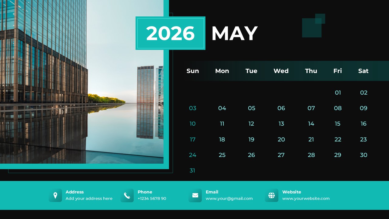 May 2026 monthly schedule slide with a teal header and a photo of a high-rise glass building architecture.