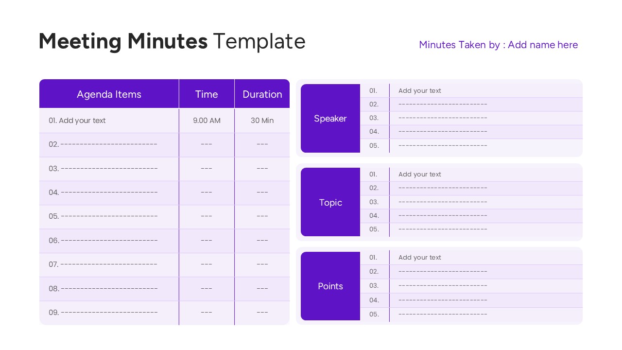 Detailed meeting record slide with attendee list and action items