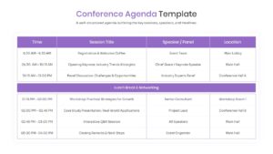 Multiple color variations of the conference agenda table displayed in a grid for customization options