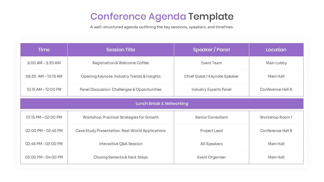 Multiple color variations of the conference agenda table displayed in a grid for customization options