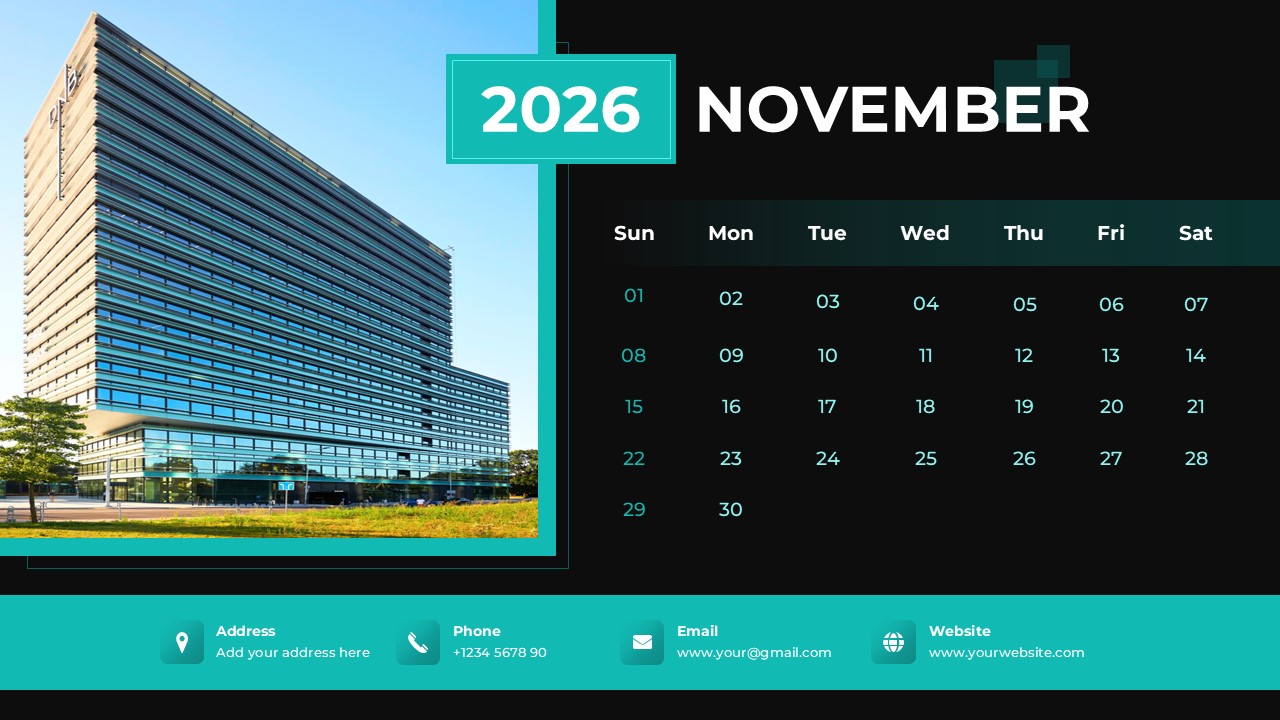 November 2026 business schedule slide featuring a teal header and a wide modern corporate building photo