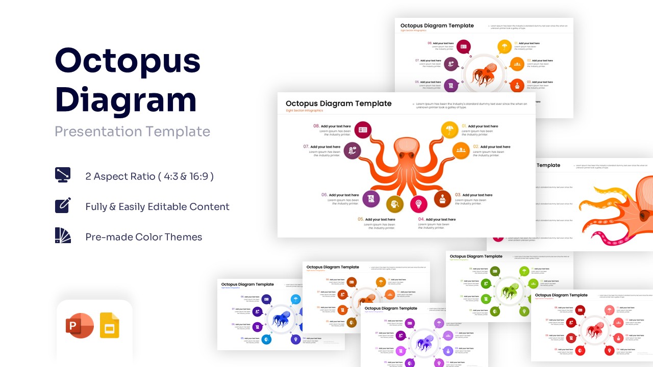Octopus diagram template featuring a central illustration connecting to eight colorful steps for process visualization