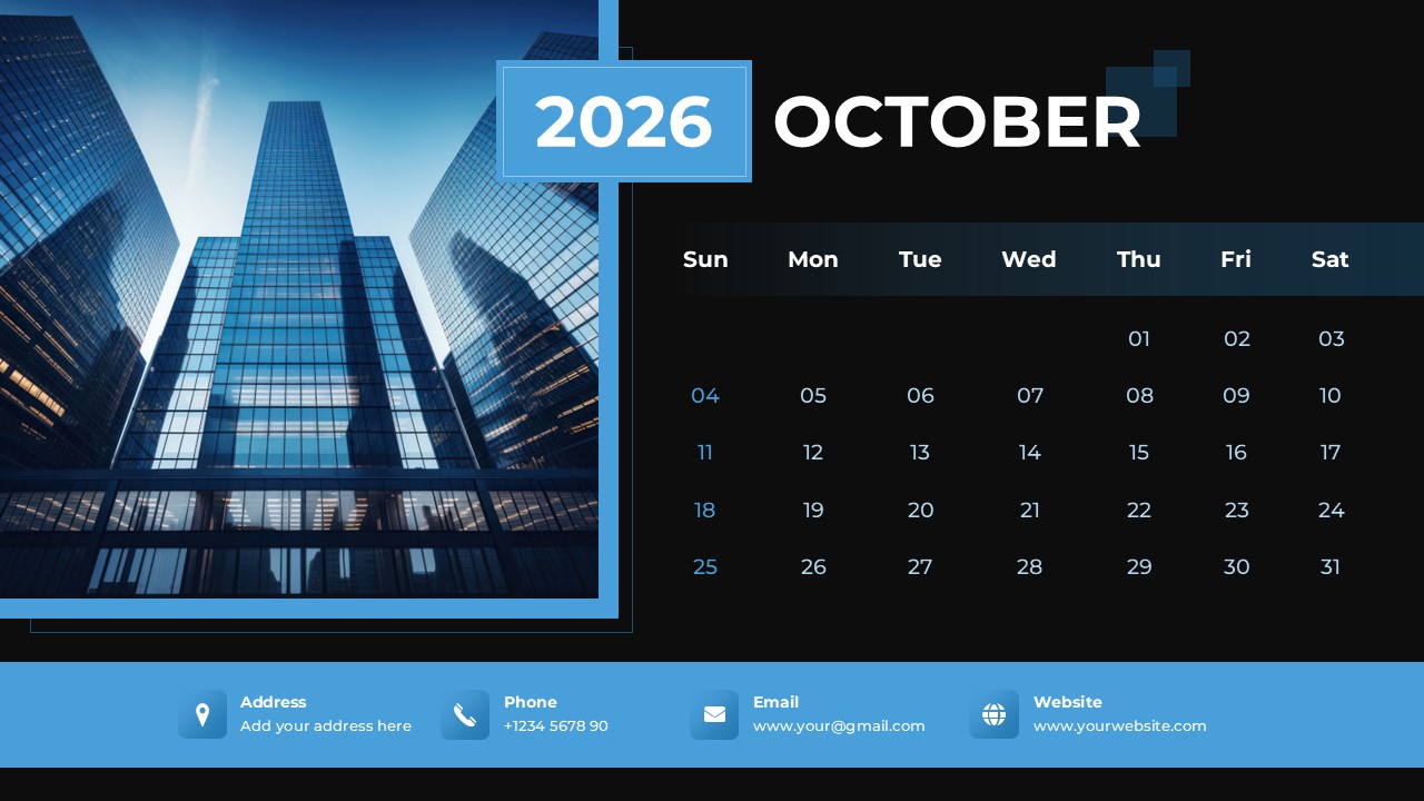 October 2026 monthly planner slide with a dark blue header and a low-angle view of towering skyscrapers.