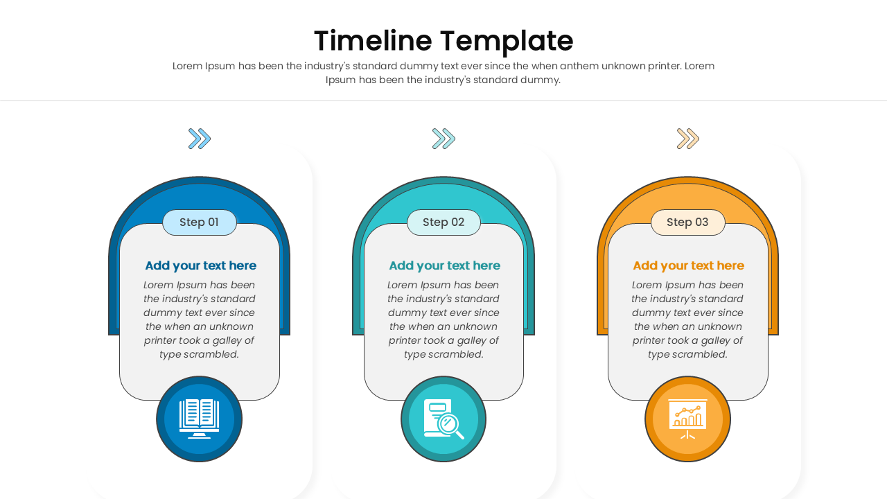 A three-step timeline slide with blue, teal, and orange containers featuring book and chart icons