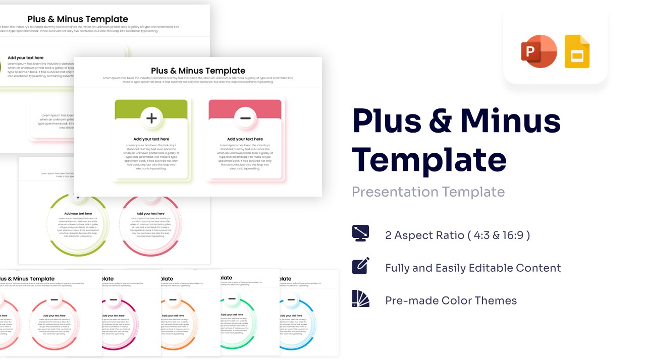 Plus and minus presentation template showing green and red comparison icons