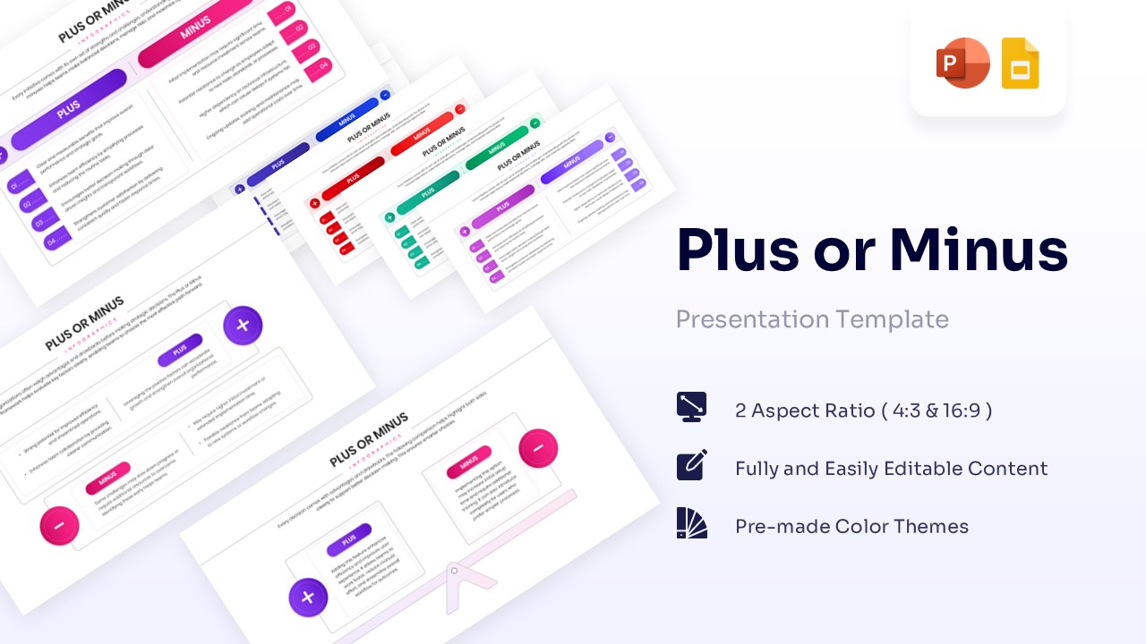 Plus or minus infographic slide with purple and pink buttons for PowerPoint.