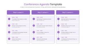 Three-column layout for a three-day event program with numbered icons and location markers
