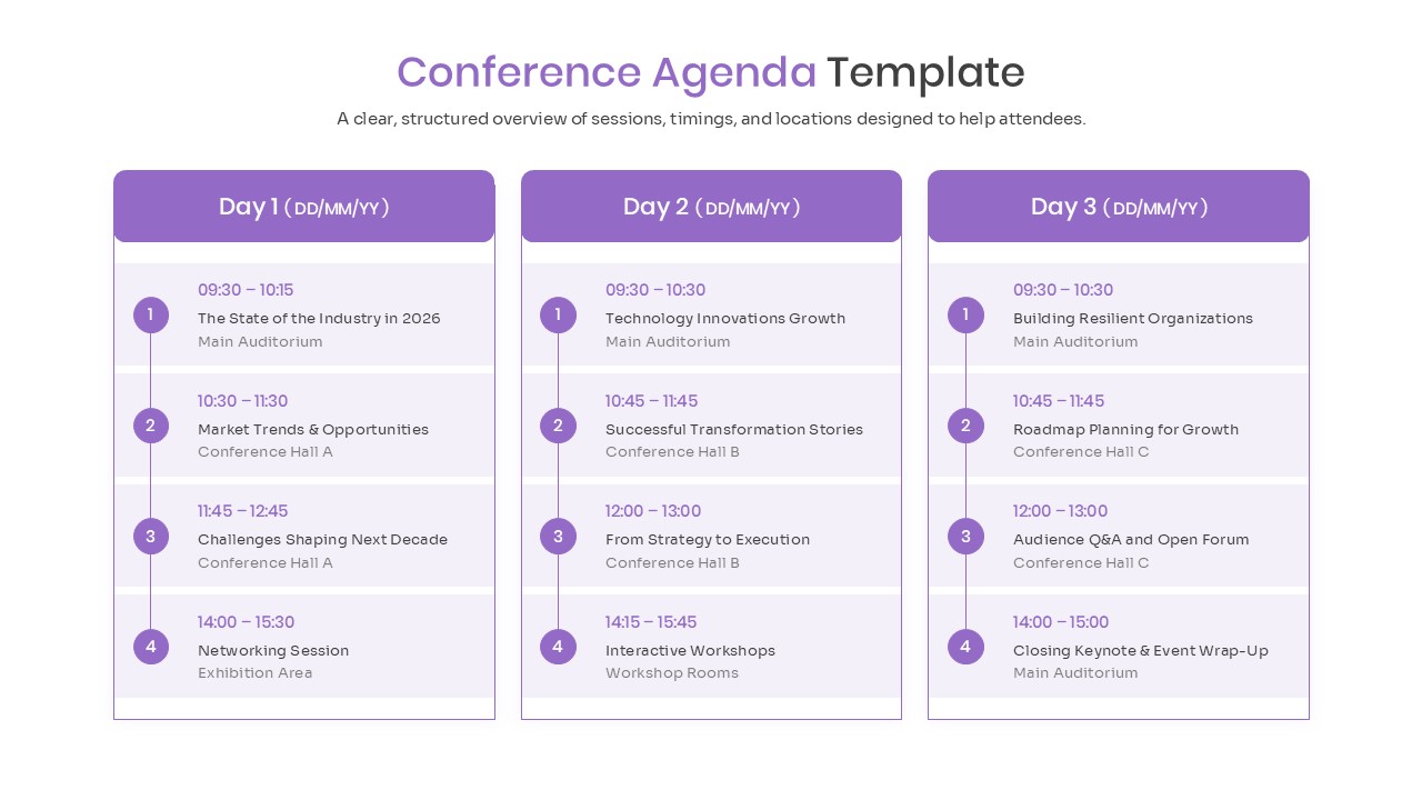 Three-column layout for a three-day event program with numbered icons and location markers