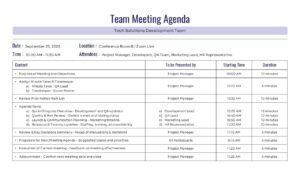 Meeting schedule template with a structured table for time, description, priority, and presenter names