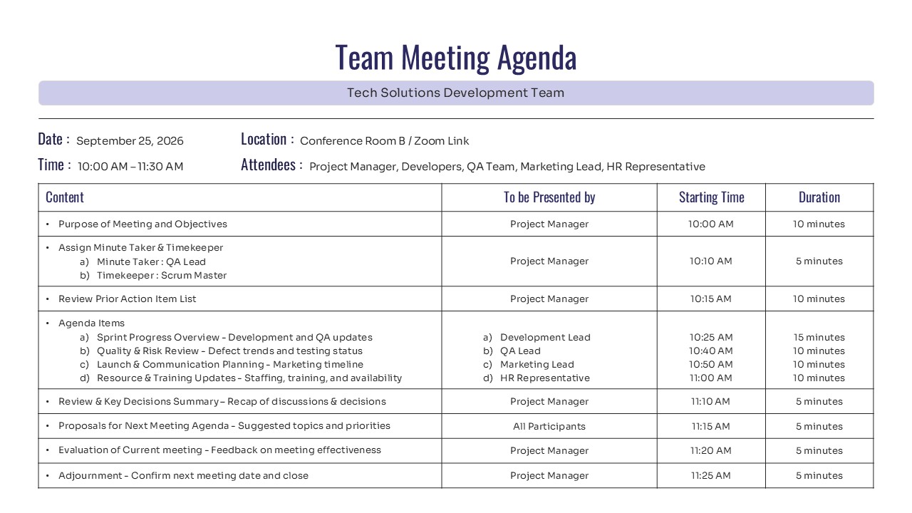 Meeting schedule template with a structured table for time, description, priority, and presenter names