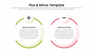 Pros and cons slide layout with circular plus and minus buttons.