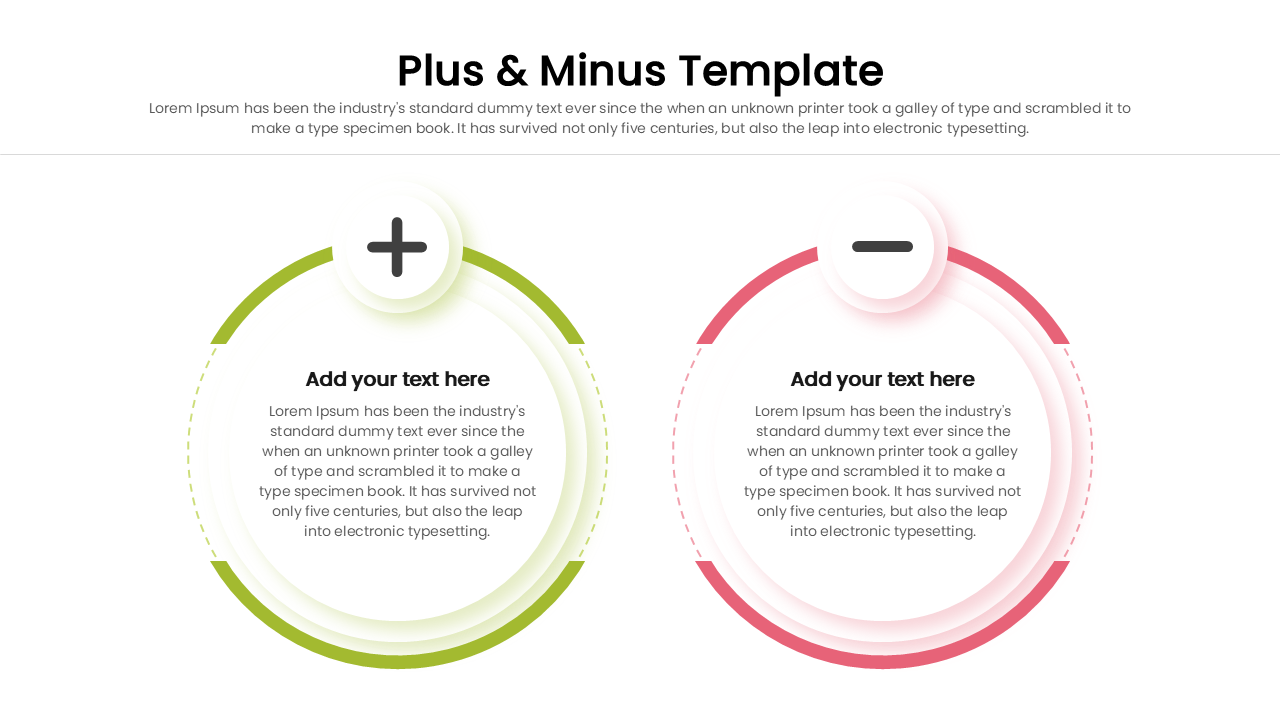 Pros and cons slide layout with circular plus and minus buttons.
