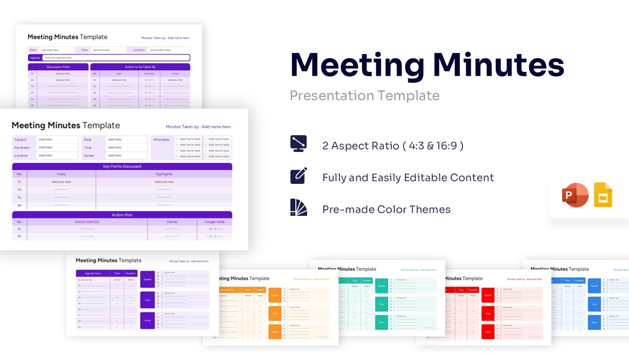 Purple meeting minutes slide with agenda and action plan tables