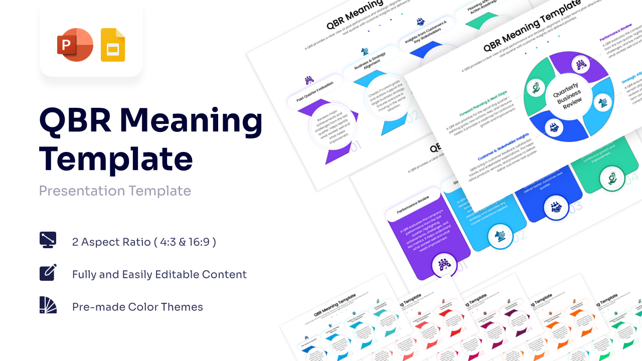 Collection of QBR meaning templates showing various layouts including arrows, columns, and pie charts
