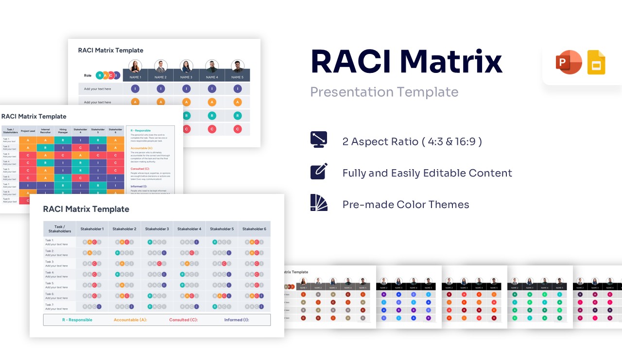 RACI matrix presentation slide with team photos and role indicators