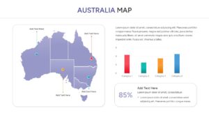 Minimalist Australia map layout featuring a bar chart and an 85 percent data callout box.