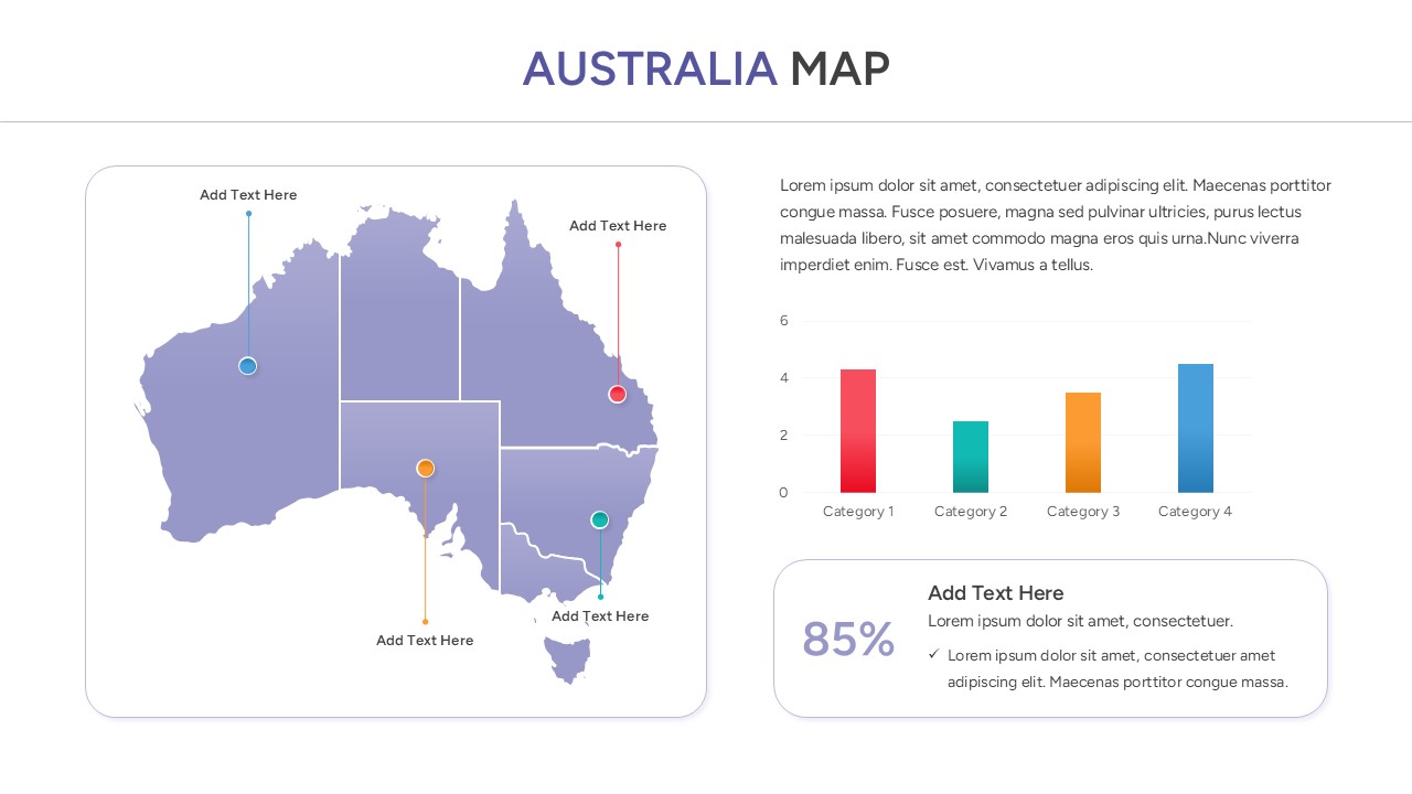 Minimalist Australia map layout featuring a bar chart and an 85 percent data callout box.