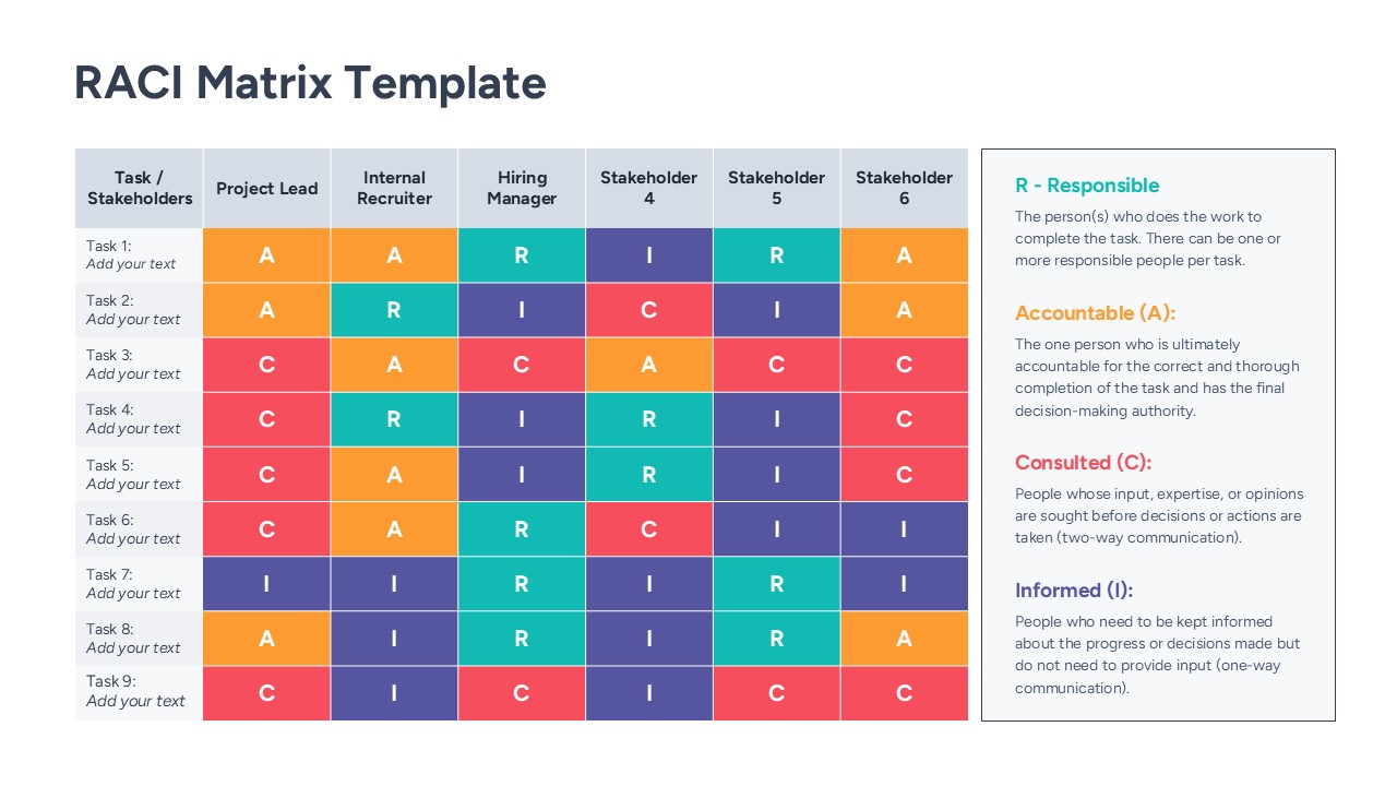 Team task delegation matrix with circular status icons and text