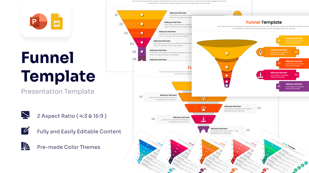 3D sales funnel diagram for PowerPoint with six distinct levels