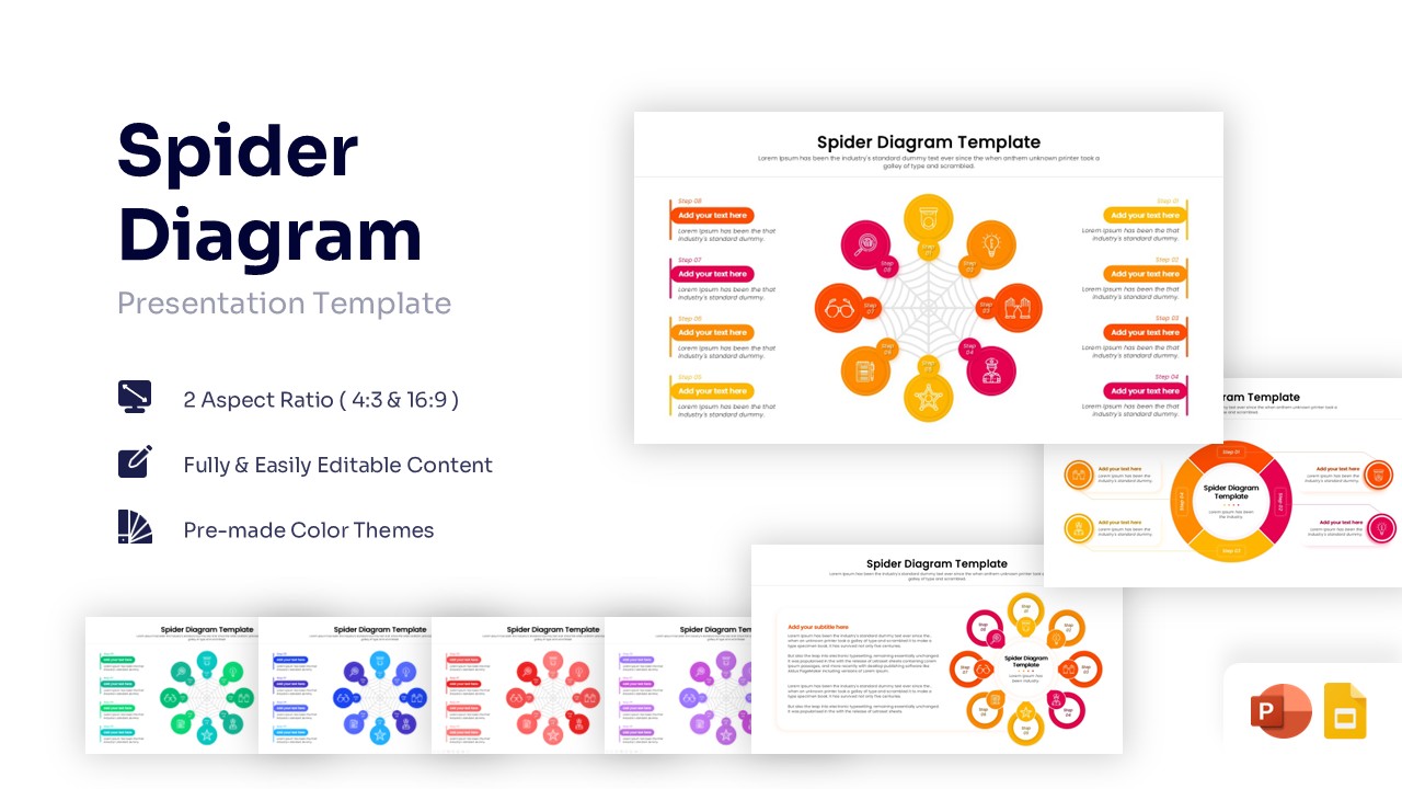 Spider diagram presentation template showing multiple slide layouts including 8-step web diagrams and 4-step circular infographics in various colors