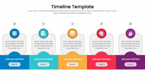 A five-step colored list infographic with top-mounted circular icons and bottom-aligned step labels