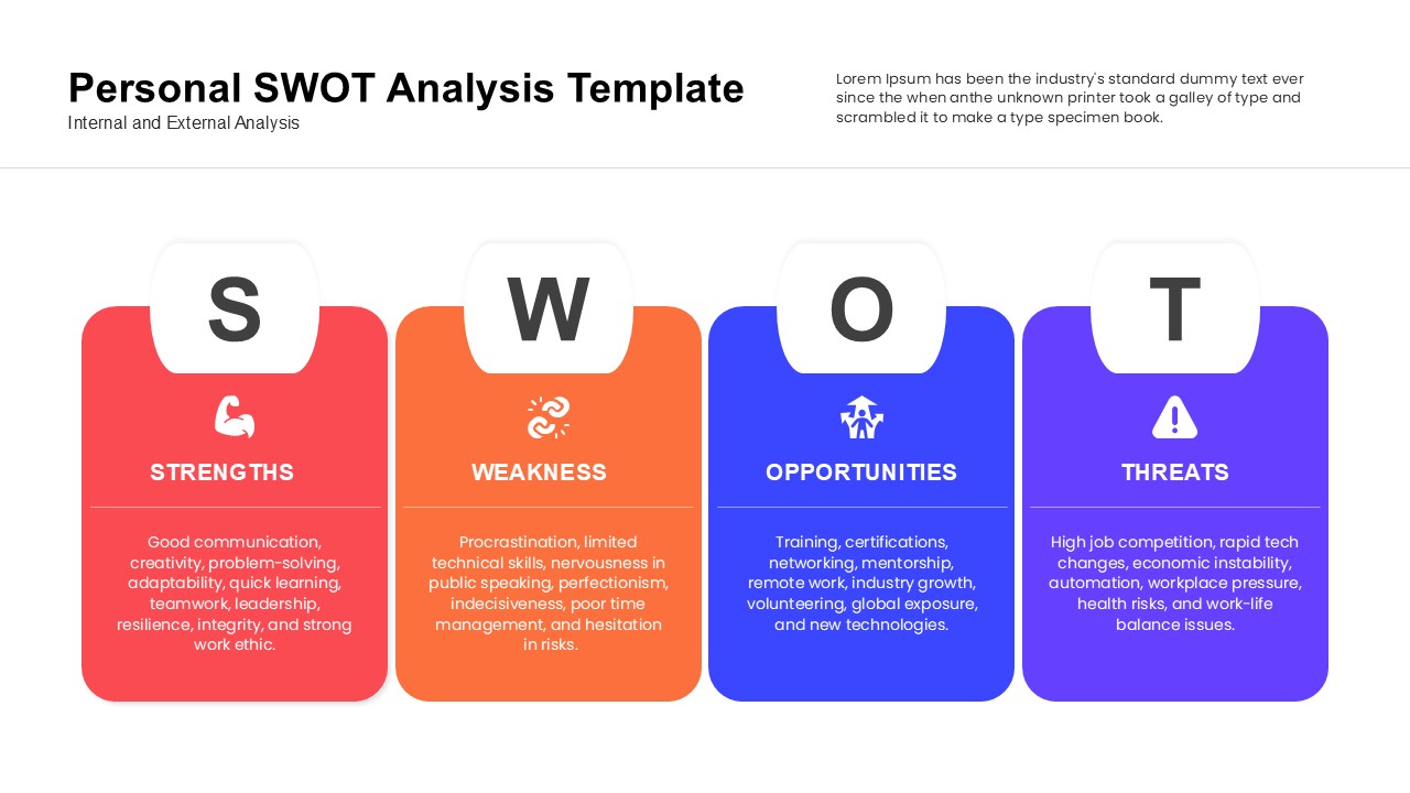 Personal development SWOT matrix with placeholder text and icons