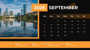 September 2026 calendar template with an orange theme featuring a city skyline reflecting on water.
