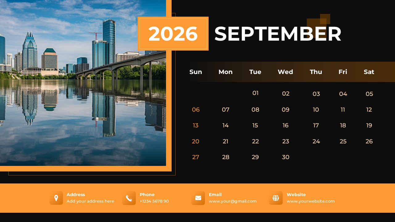 September 2026 calendar template with an orange theme featuring a city skyline reflecting on water.