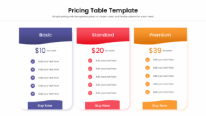 Three-column price comparison chart for Google Slides with Buy Now buttons