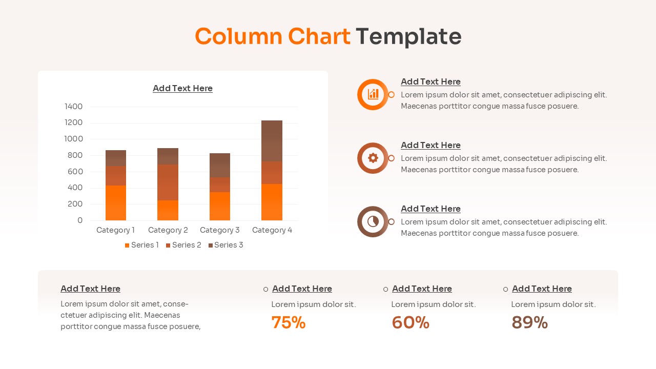 Stacked column chart slide with four categories and side-by-side text descriptions for data analysis