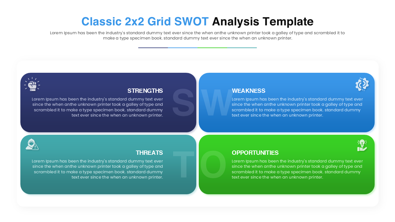 Business strategy slide showing a detailed SWOT matrix with editable text placeholders and modern icons