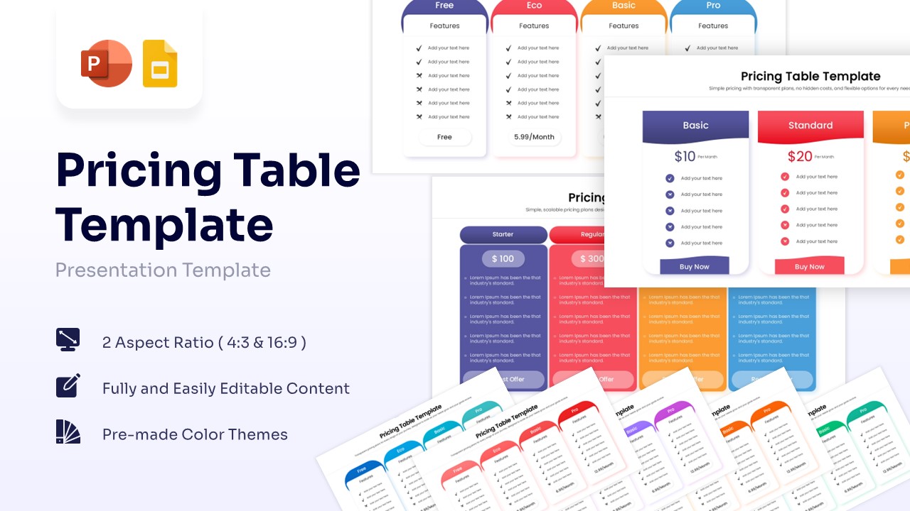 Pricing table template comparison slide with four vertical columns and distinct color headers