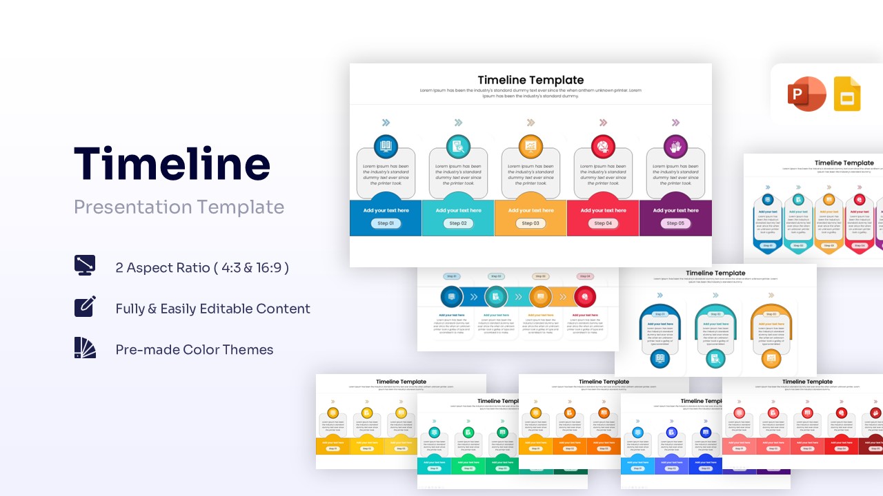 Featured image showing multiple timeline layouts with 3 to 6 steps in various color themes for business presentations