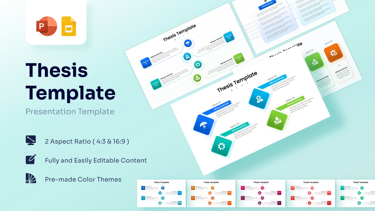 Thesis presentation cover slide featuring circular process steps and list layouts