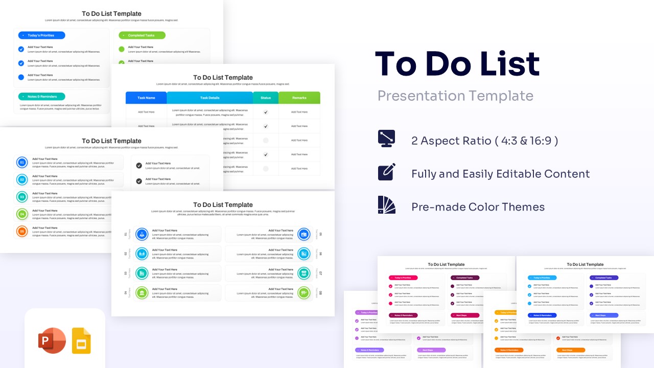 Collection of To Do List presentation slides featuring checklists, tables, and priority blocks in blue and green themes.