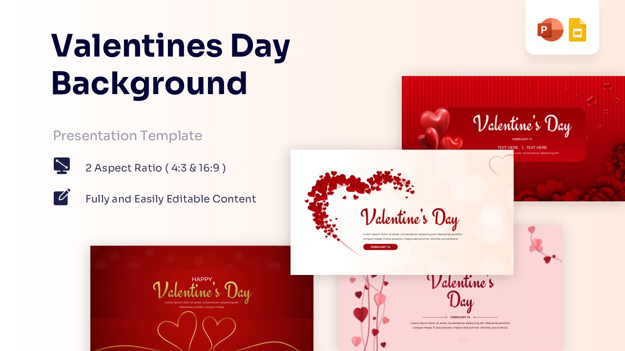 Valentines Day background slide featuring 3D red hearts and ribbons for PowerPoint